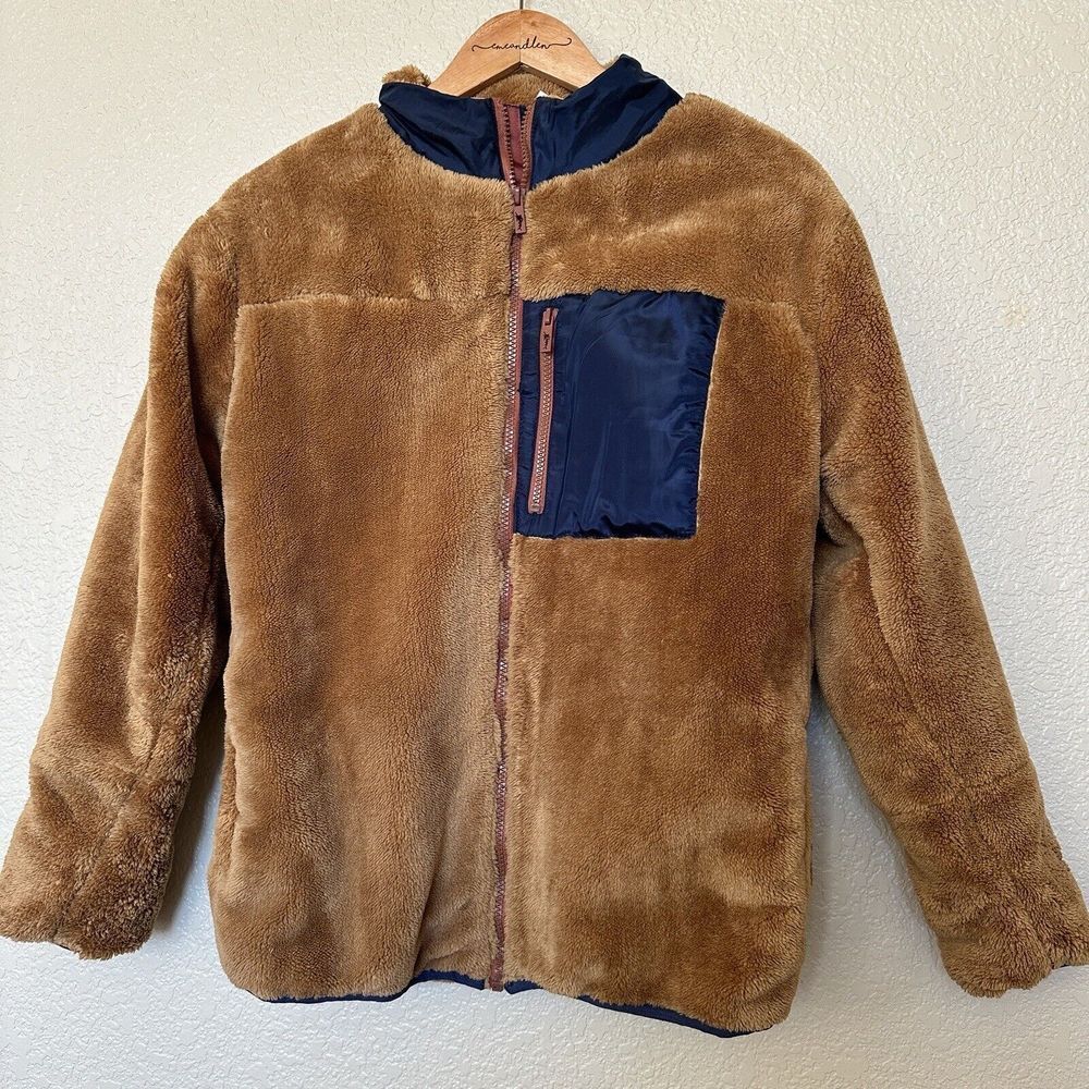 Tommy Bahama Girls Fuzzy Teddy Jacket size 16 brown blue XXL  teen zip pockets